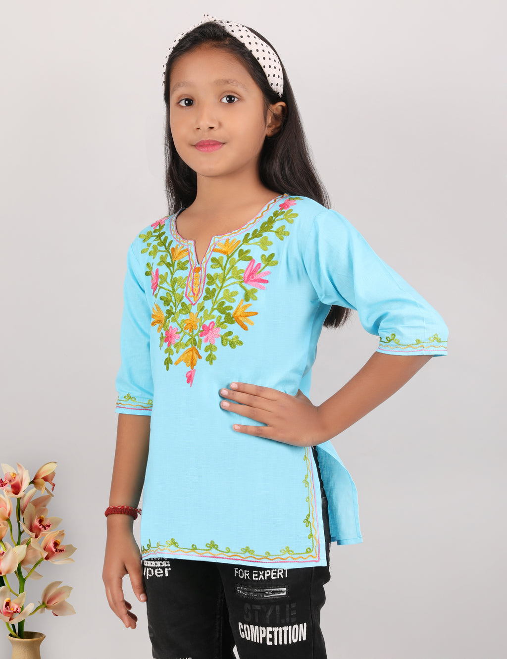Kids Cotton Kashmiri Embriodered Short Regular Fit Kurti