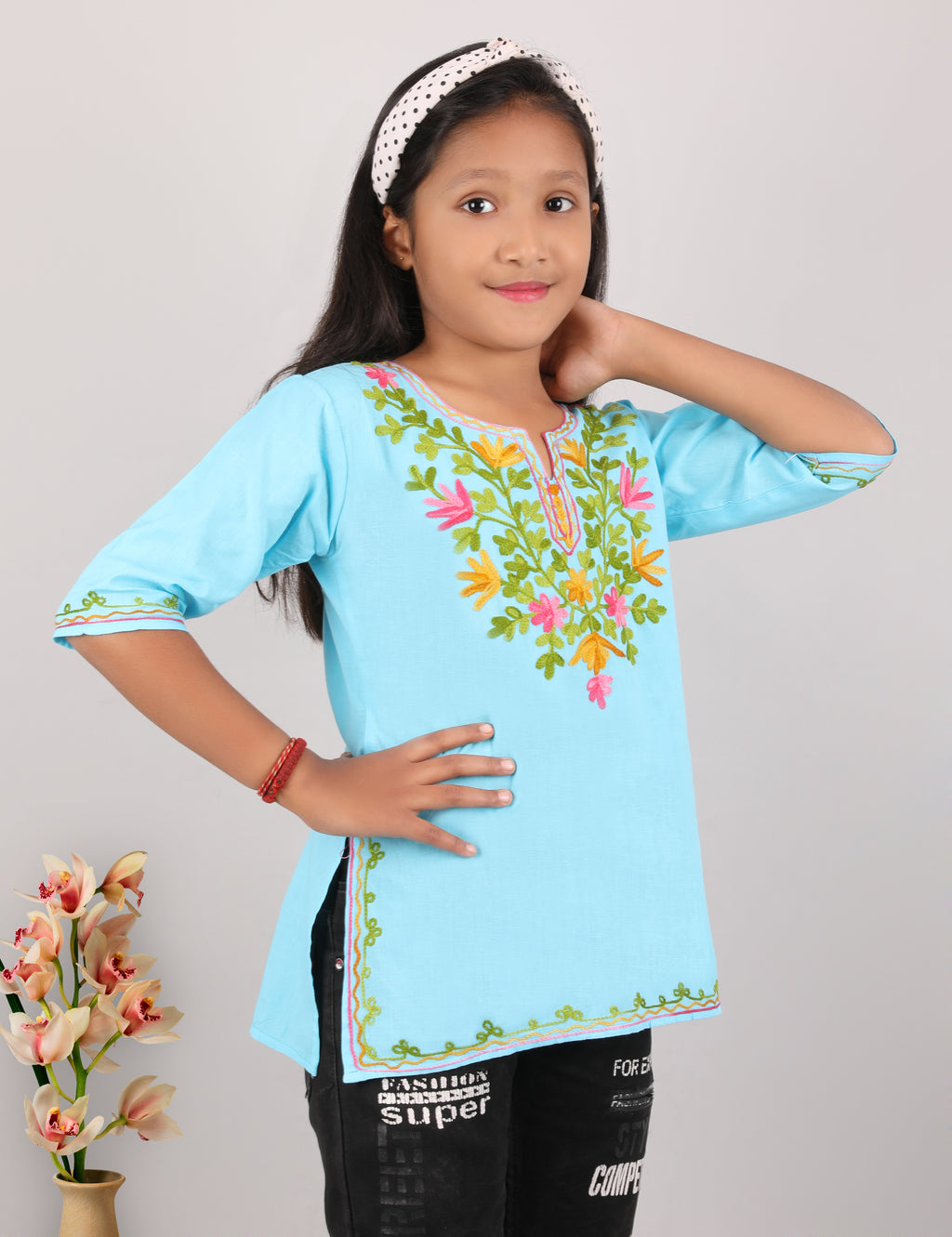 Kids Cotton Kashmiri Embriodered Short Regular Fit Kurti