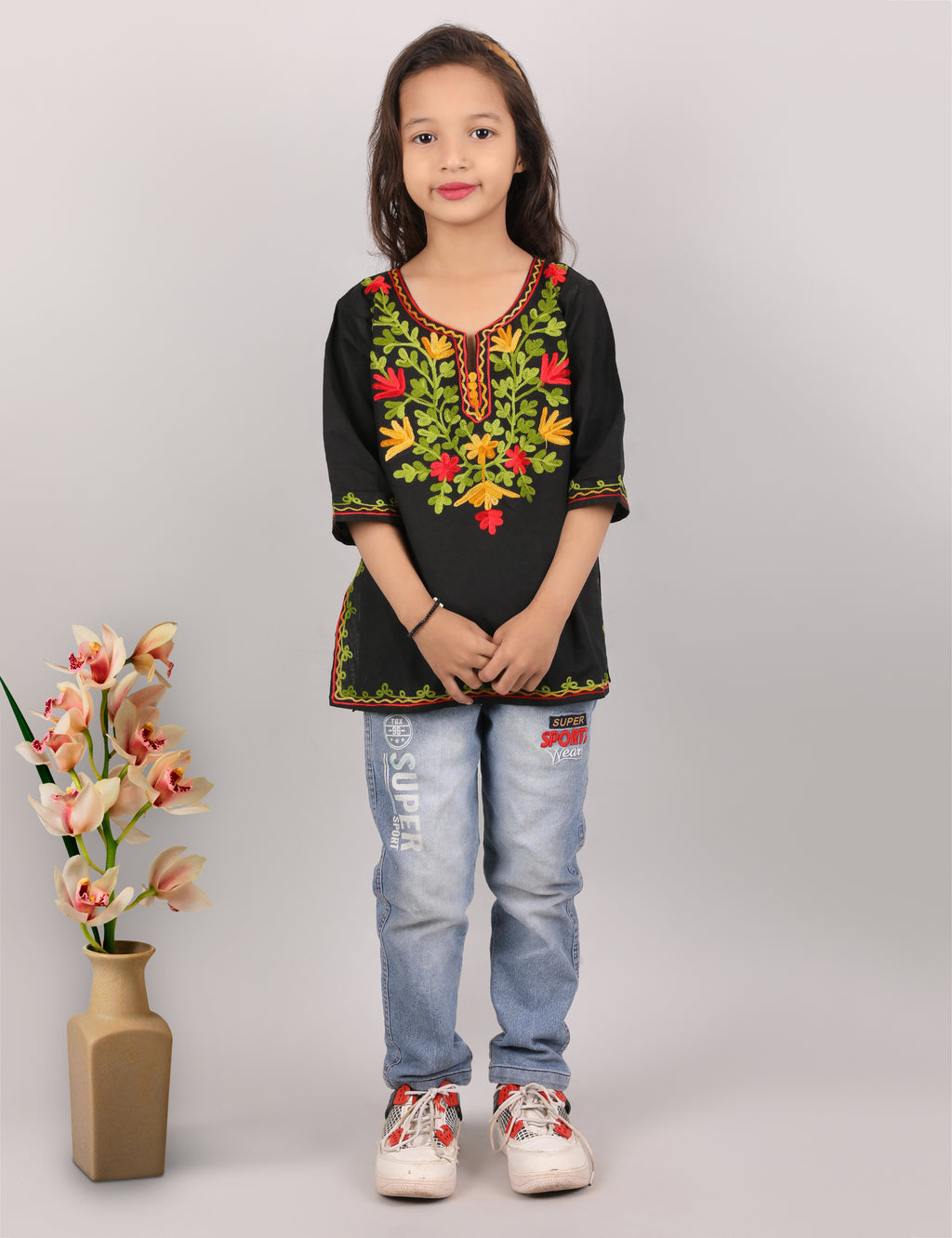 Kids Traditional Kashmiri Kurti with Floral Embroidery, 3/4 Sleeves, Ethnic Wear