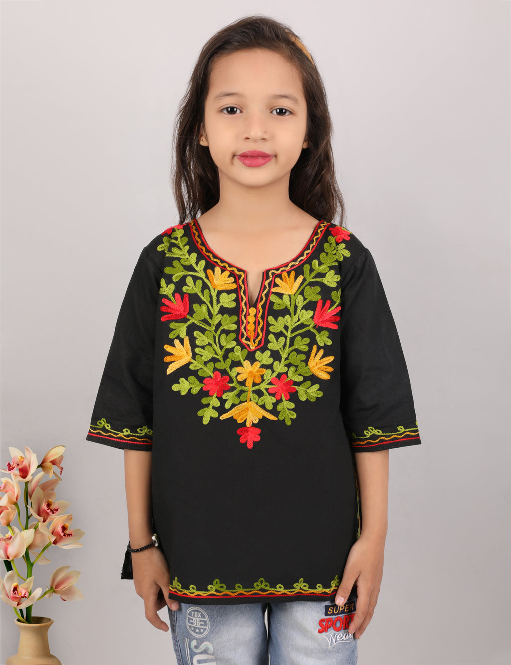 Kids Traditional Kashmiri Kurti with Floral Embroidery, 3/4 Sleeves, Ethnic Wear