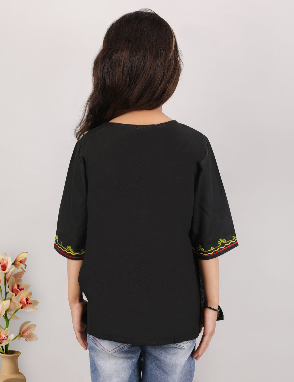 Kids Traditional Kashmiri Kurti with Floral Embroidery, 3/4 Sleeves, Ethnic Wear