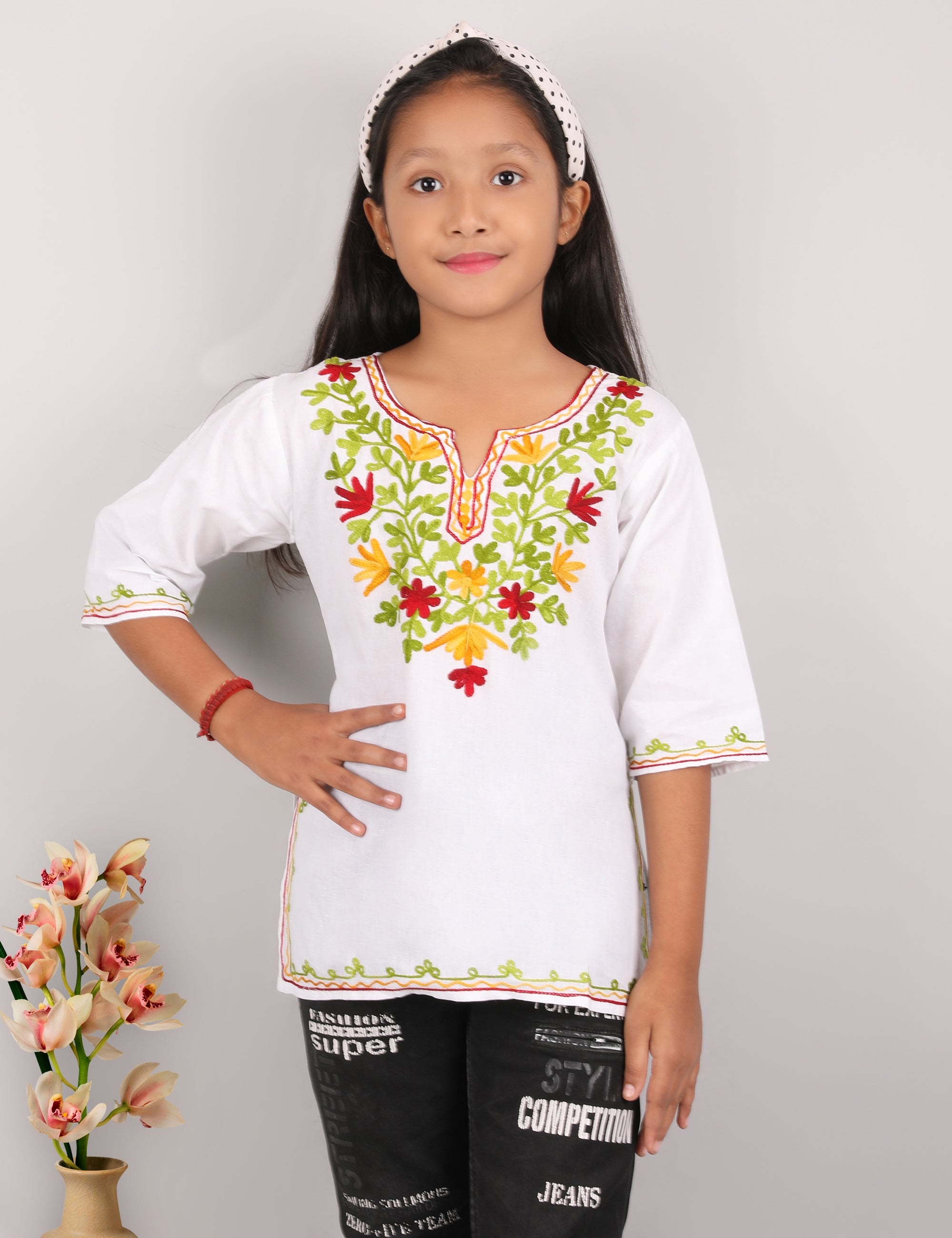 Kids Cotton Kashmiri Embriodered Short Regular Fit Kurti