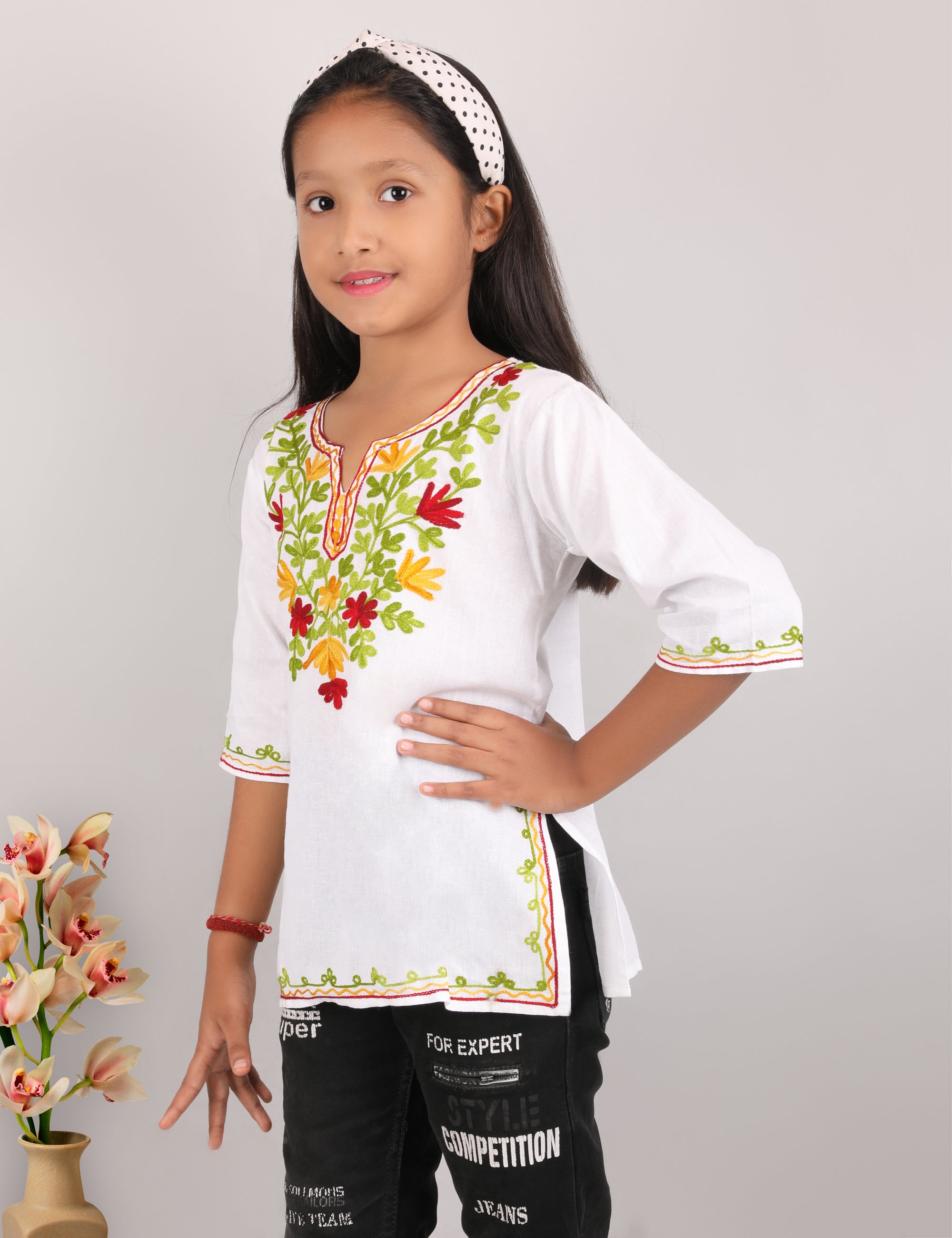 Kids Cotton Kashmiri Embriodered Short Regular Fit Kurti