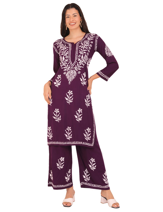 Women's Mulmul Kurti Set Purple (Chikankari)