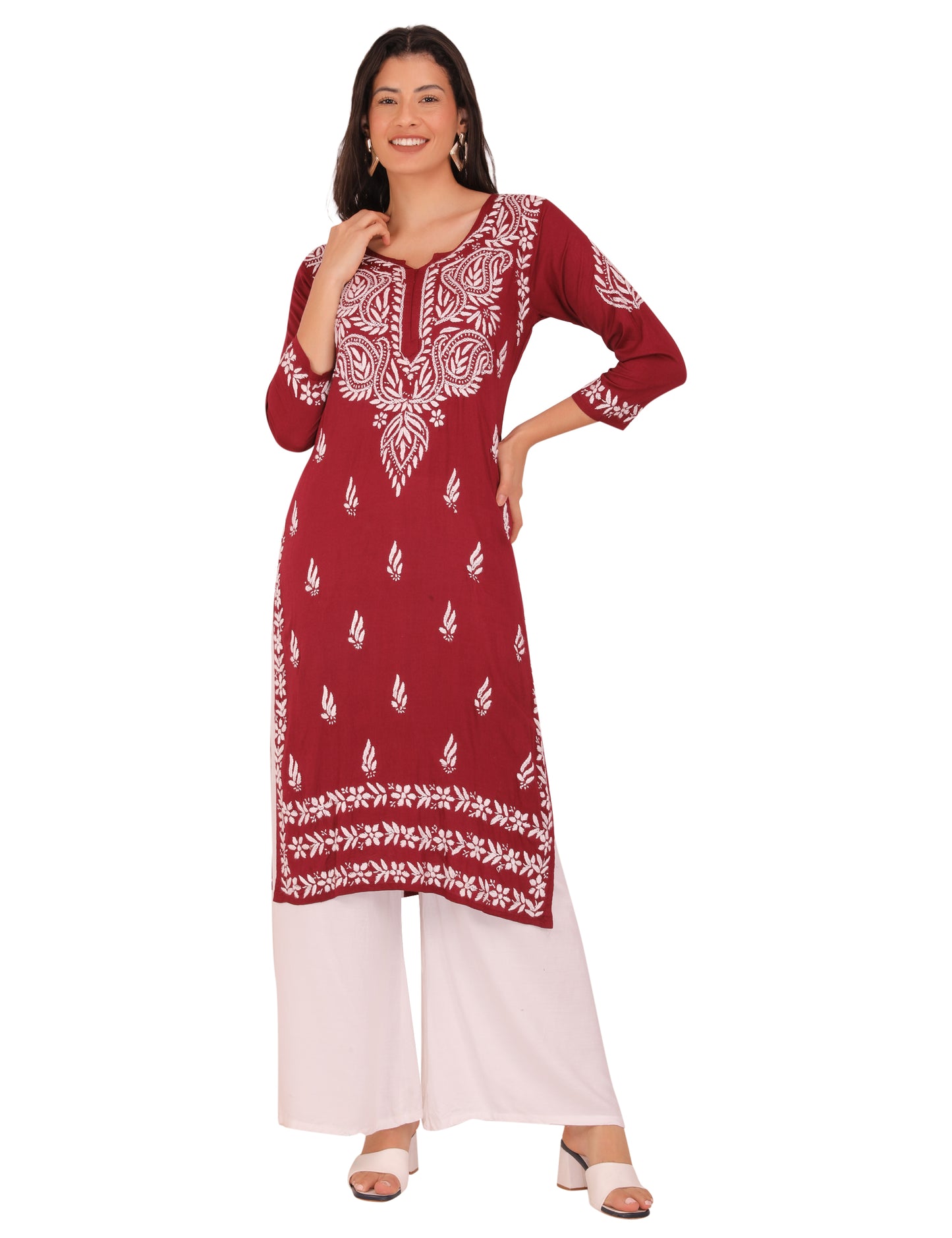 Women's Kurti Maroon (Chikankari)