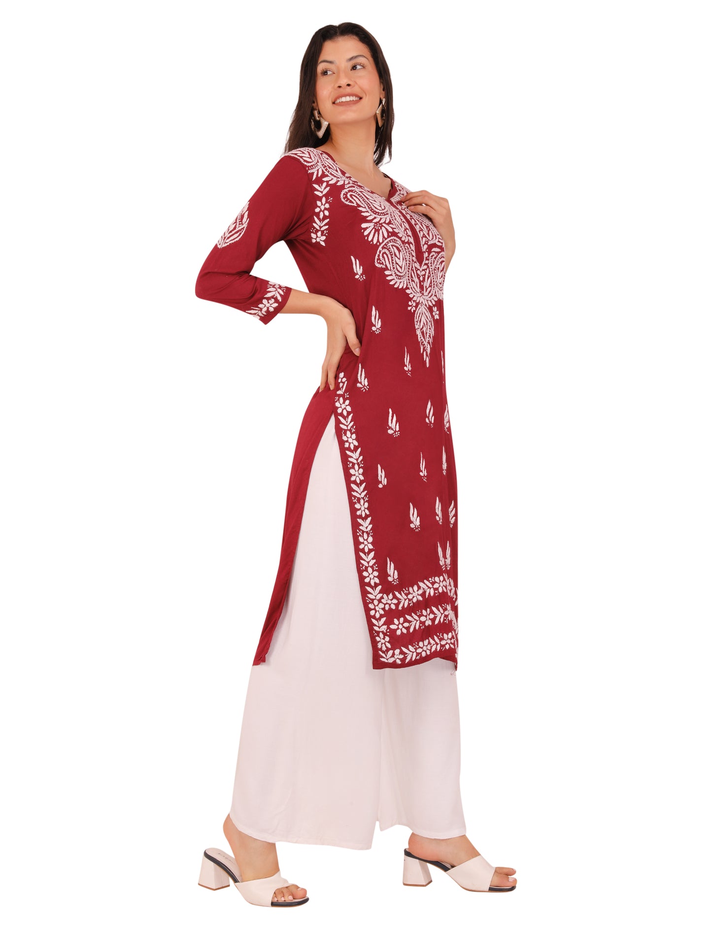 Women's Kurti Maroon (Chikankari)