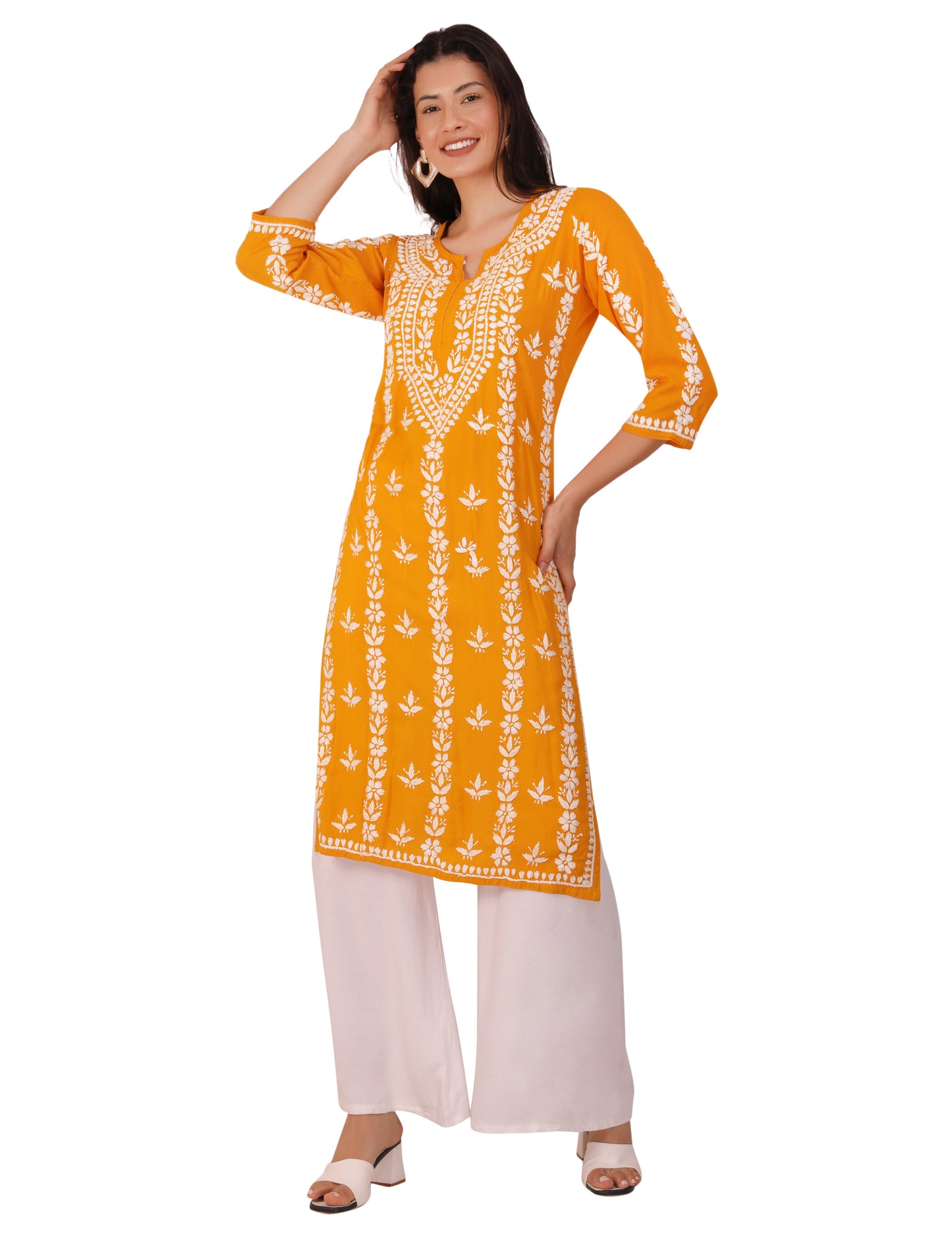 Women's Kurtis Mustard (Chikankari)