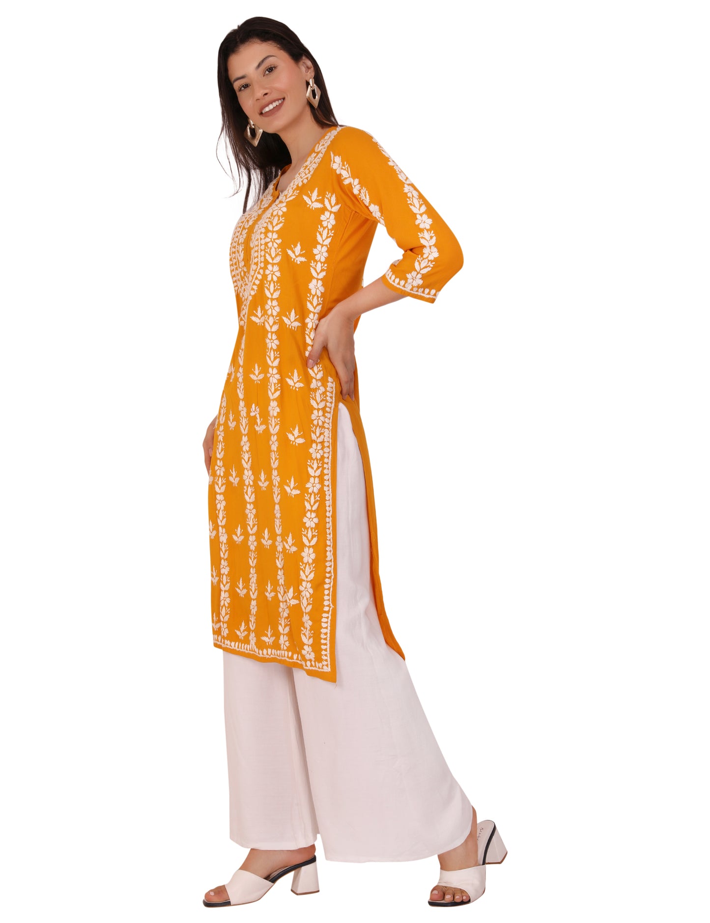 Women's Kurtis Mustard (Chikankari)