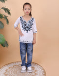 Kids Traditional Kashmiri Kurti with Floral Embroidery, 3/4 Sleeves, Ethnic Wear