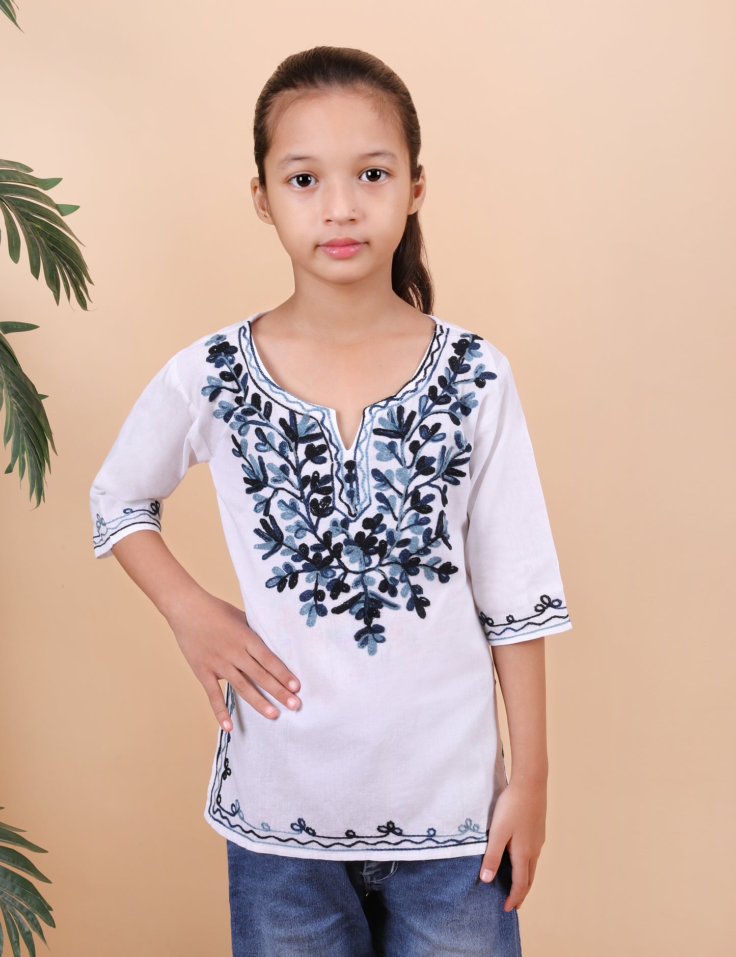 Kids Cotton Kashmiri Embriodered Short Regular Fit Kurti