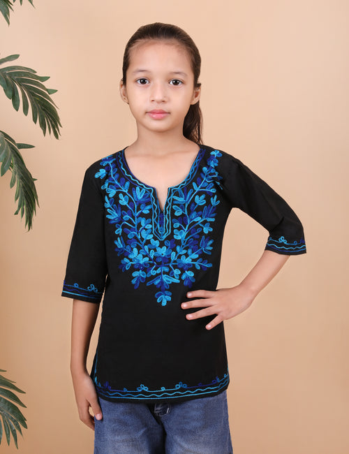 Kids Traditional Kashmiri Kurti with Floral Embroidery, 3/4 Sleeves, Ethnic Wear