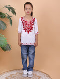 Kids Traditional Kashmiri Kurti with Floral Embroidery, 3/4 Sleeves, Ethnic Wear