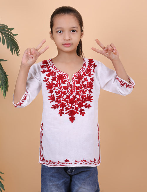 Kids Traditional Kashmiri Kurti with Floral Embroidery, 3/4 Sleeves, Ethnic Wear