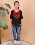 Kids Traditional Kashmiri Kurti with Floral Embroidery, 3/4 Sleeves, Ethnic Wear