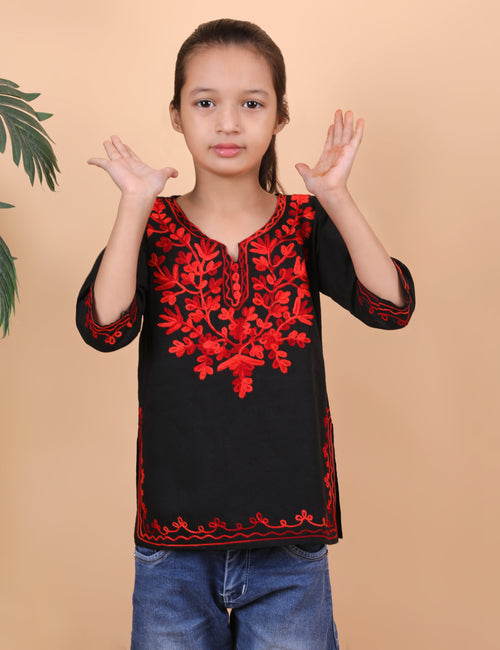 Kids Traditional Kashmiri Kurti with Floral Embroidery, 3/4 Sleeves, Ethnic Wear