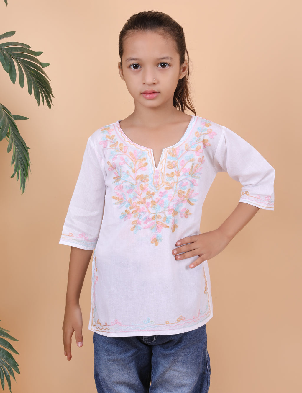 Kids Cotton Kashmiri Embriodered Short Regular Fit Kurti