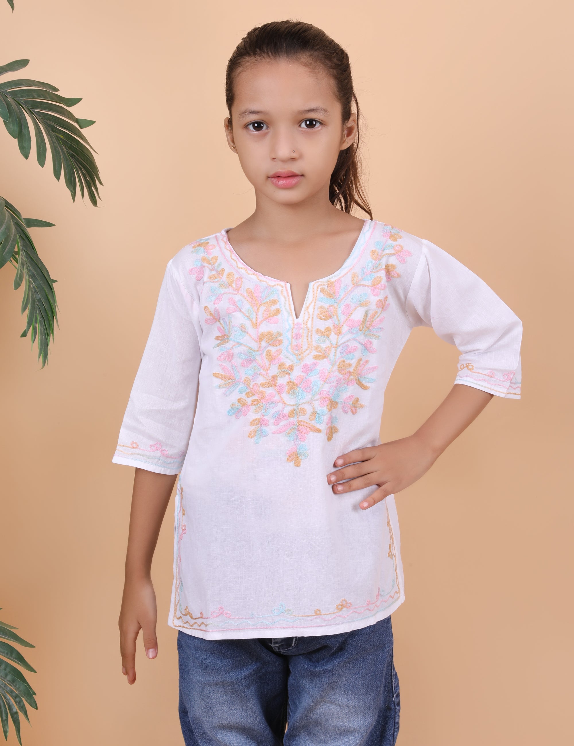 Kids Cotton Kashmiri Embriodered Short Regular Fit Kurti