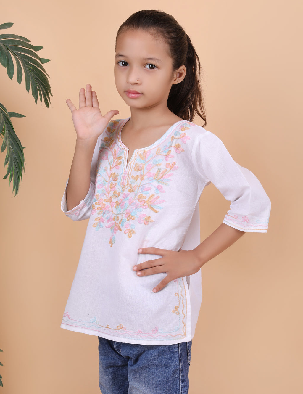 Kids Cotton Kashmiri Embriodered Short Regular Fit Kurti