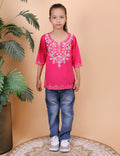 Kids Traditional Kashmiri Kurti with Floral Embroidery, 3/4 Sleeves, Ethnic Wear