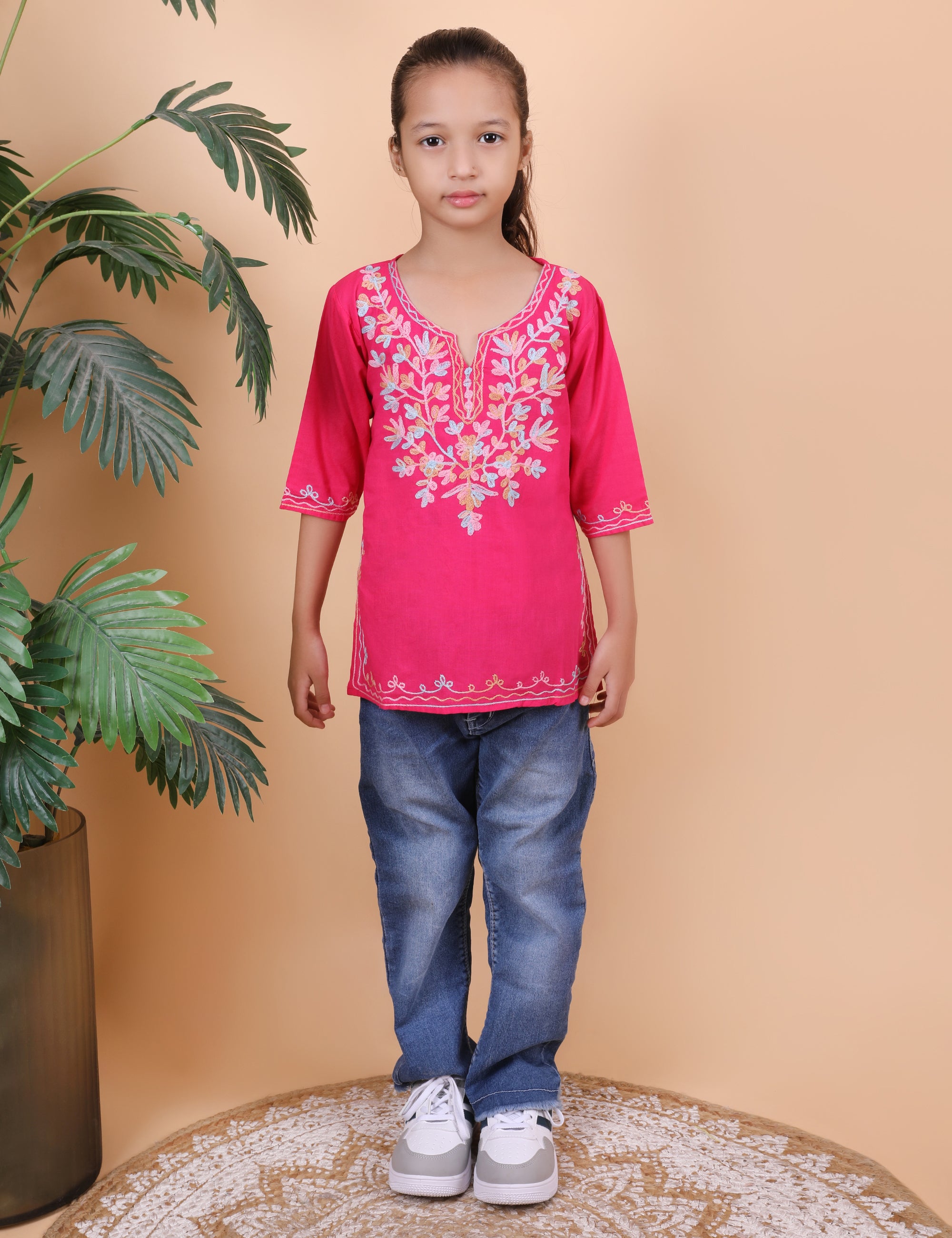Kids Traditional Kashmiri Kurti with Floral Embroidery, 3/4 Sleeves, Ethnic Wear