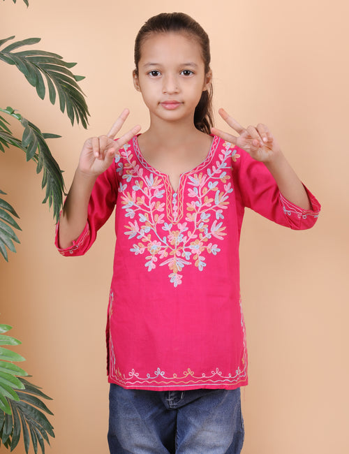 Kids Traditional Kashmiri Kurti with Floral Embroidery, 3/4 Sleeves, Ethnic Wear