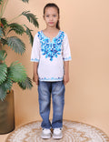 Kids Traditional Kashmiri Kurti with Floral Embroidery, 3/4 Sleeves, Ethnic Wear