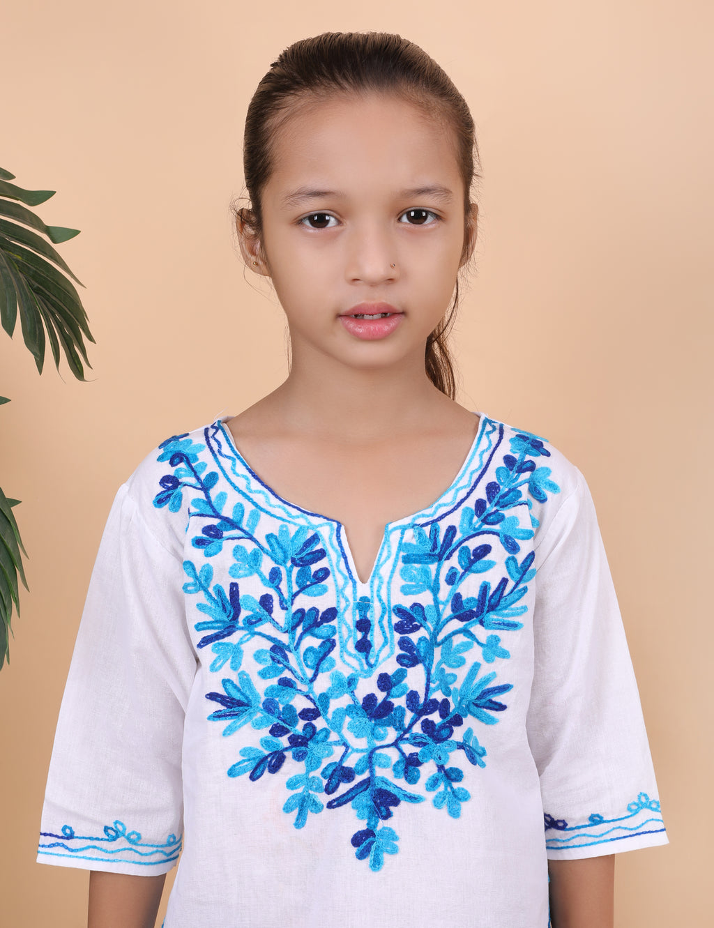 Kids Traditional Kashmiri Kurti with Floral Embroidery, 3/4 Sleeves, Ethnic Wear