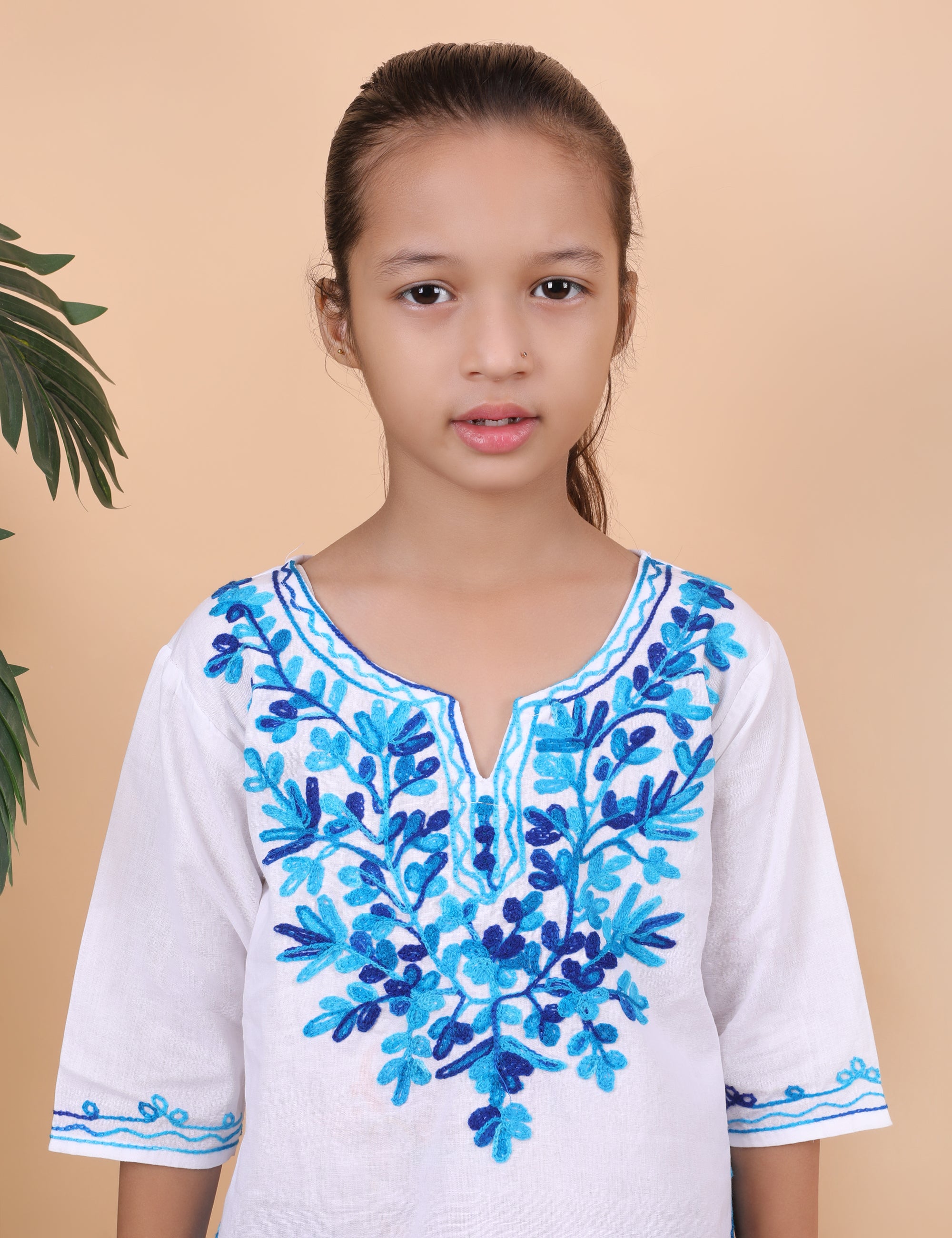 Kids Traditional Kashmiri Kurti with Floral Embroidery, 3/4 Sleeves, Ethnic Wear
