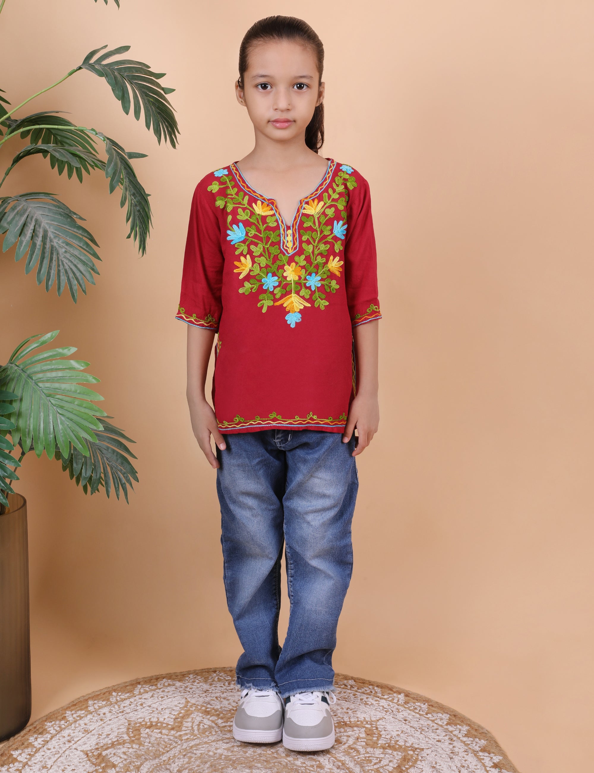Kids Cotton Kashmiri Embriodered Short Regular Fit Kurti