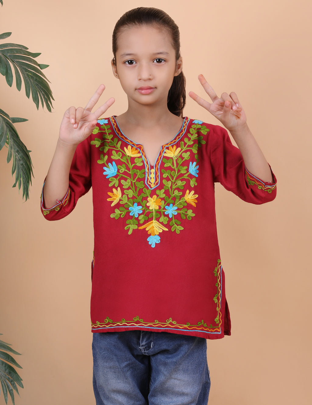 Kids Cotton Kashmiri Embriodered Short Regular Fit Kurti