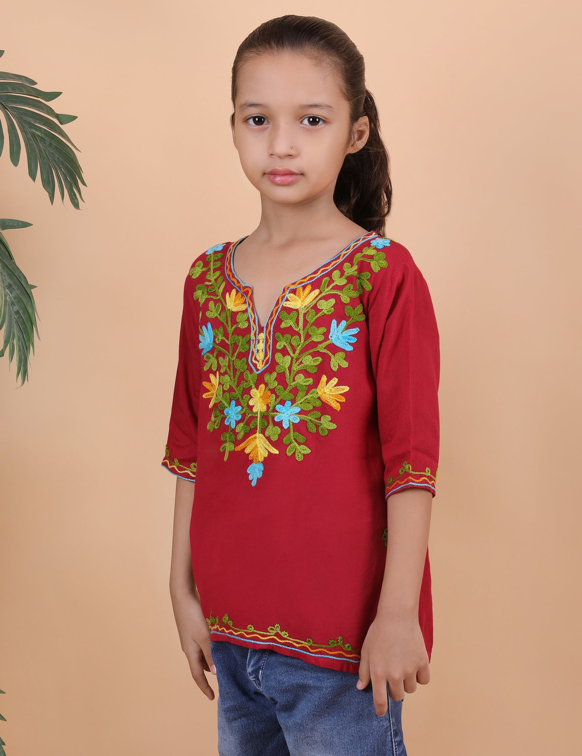 Kids Cotton Kashmiri Embriodered Short Regular Fit Kurti