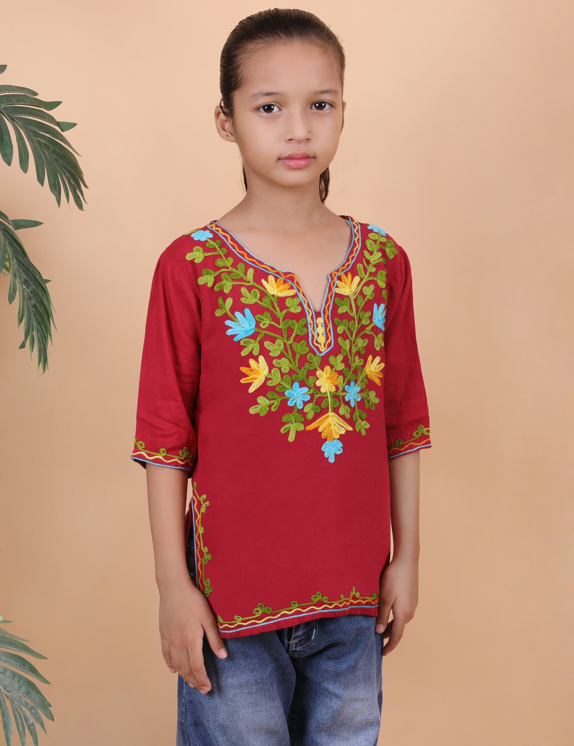Kids Cotton Kashmiri Embriodered Short Regular Fit Kurti