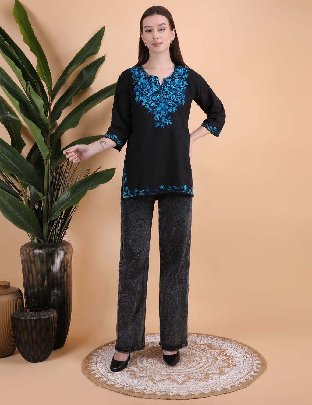 Women Cotton Kashmiri Embriodered Short Regular Fit Kurti