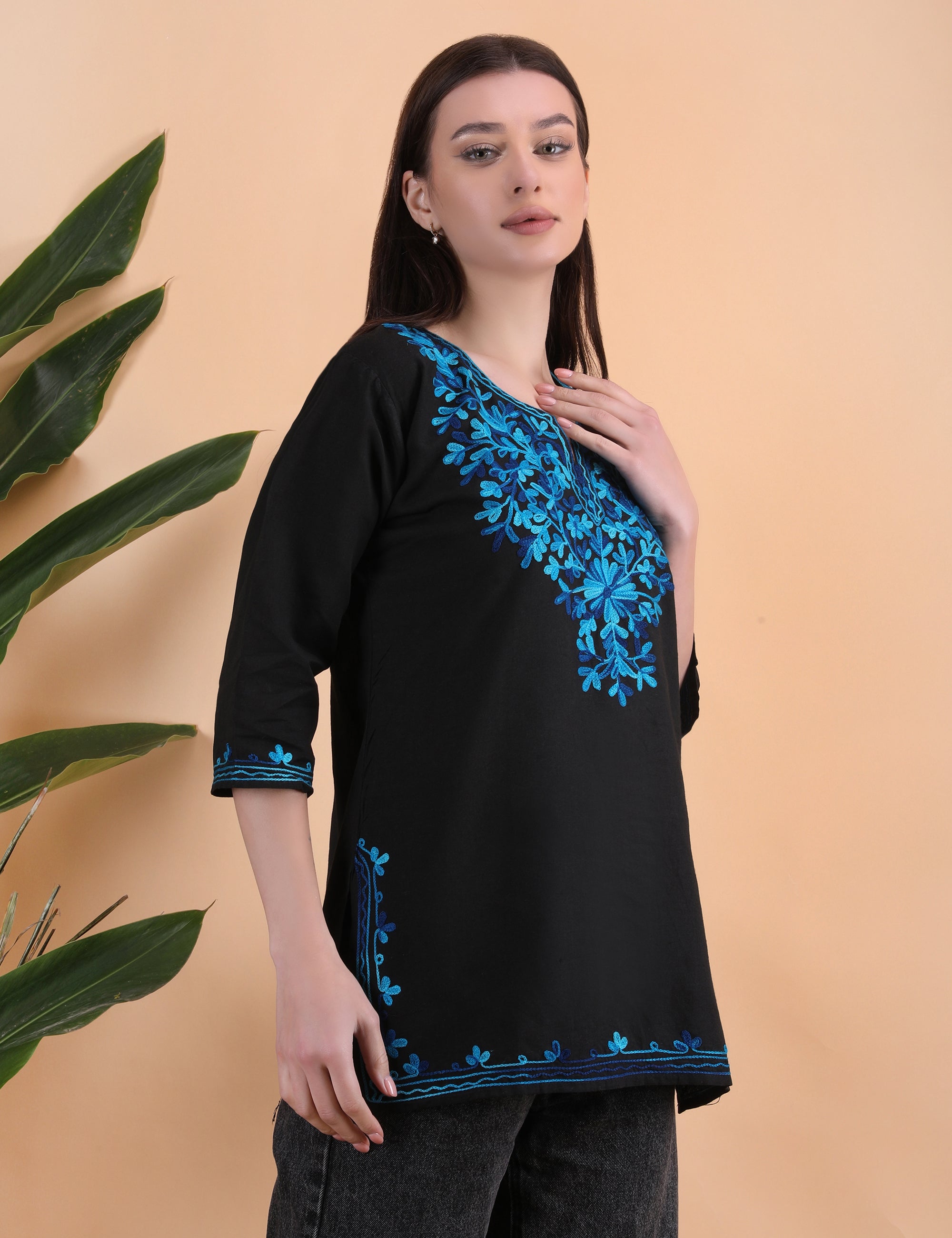 Women Cotton Kashmiri Embriodered Short Regular Fit Kurti