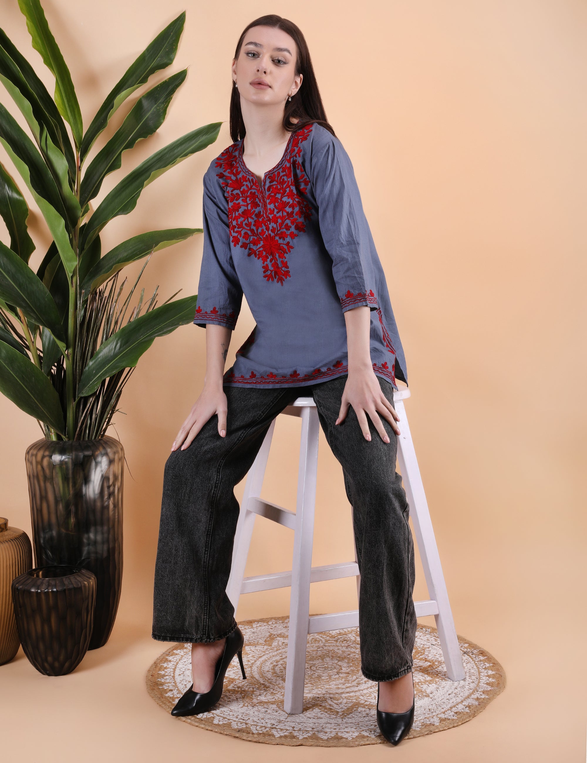 Women Cotton Kashmiri Embriodered Short Regular Fit Kurti