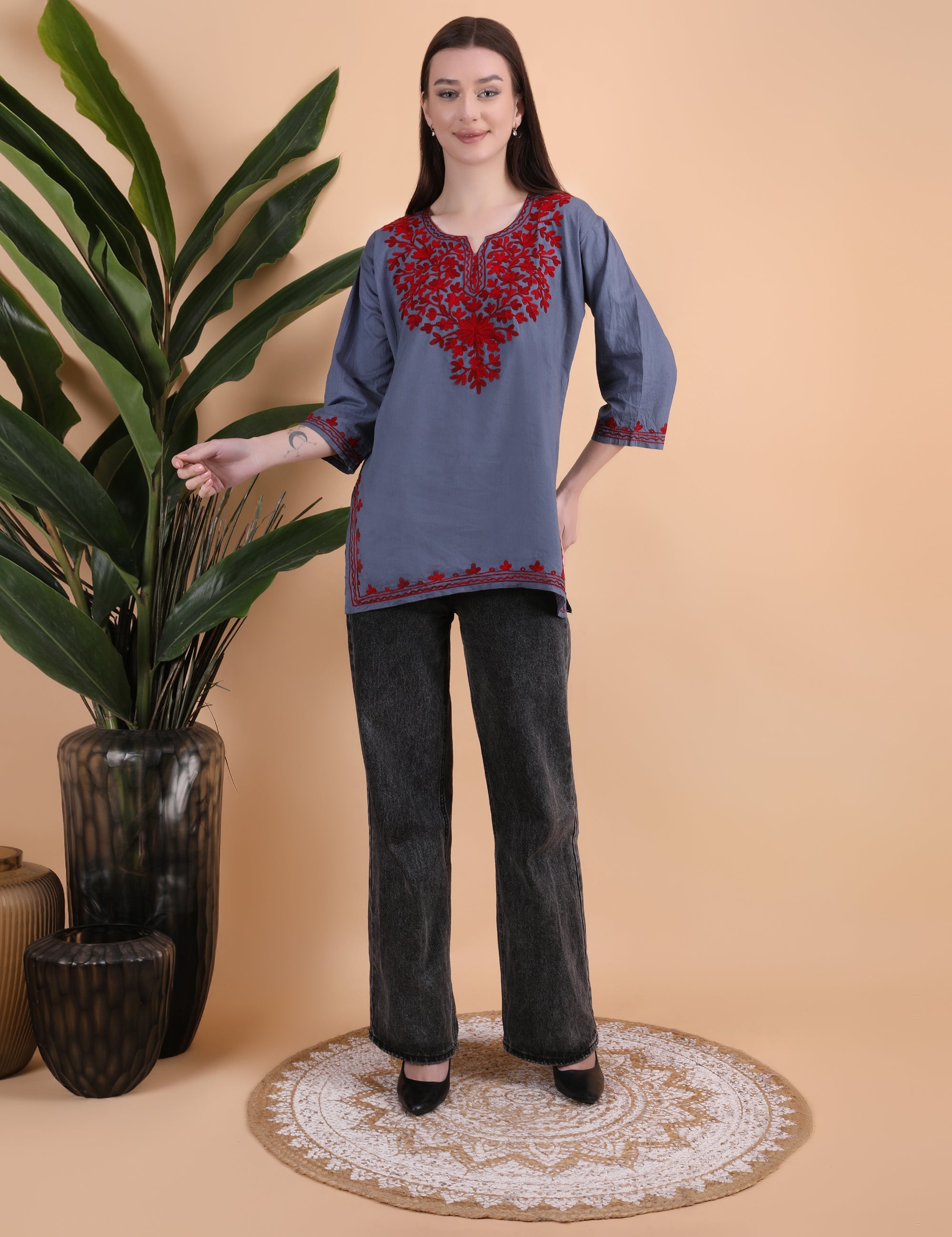 Women Cotton Kashmiri Embriodered Short Regular Fit Kurti