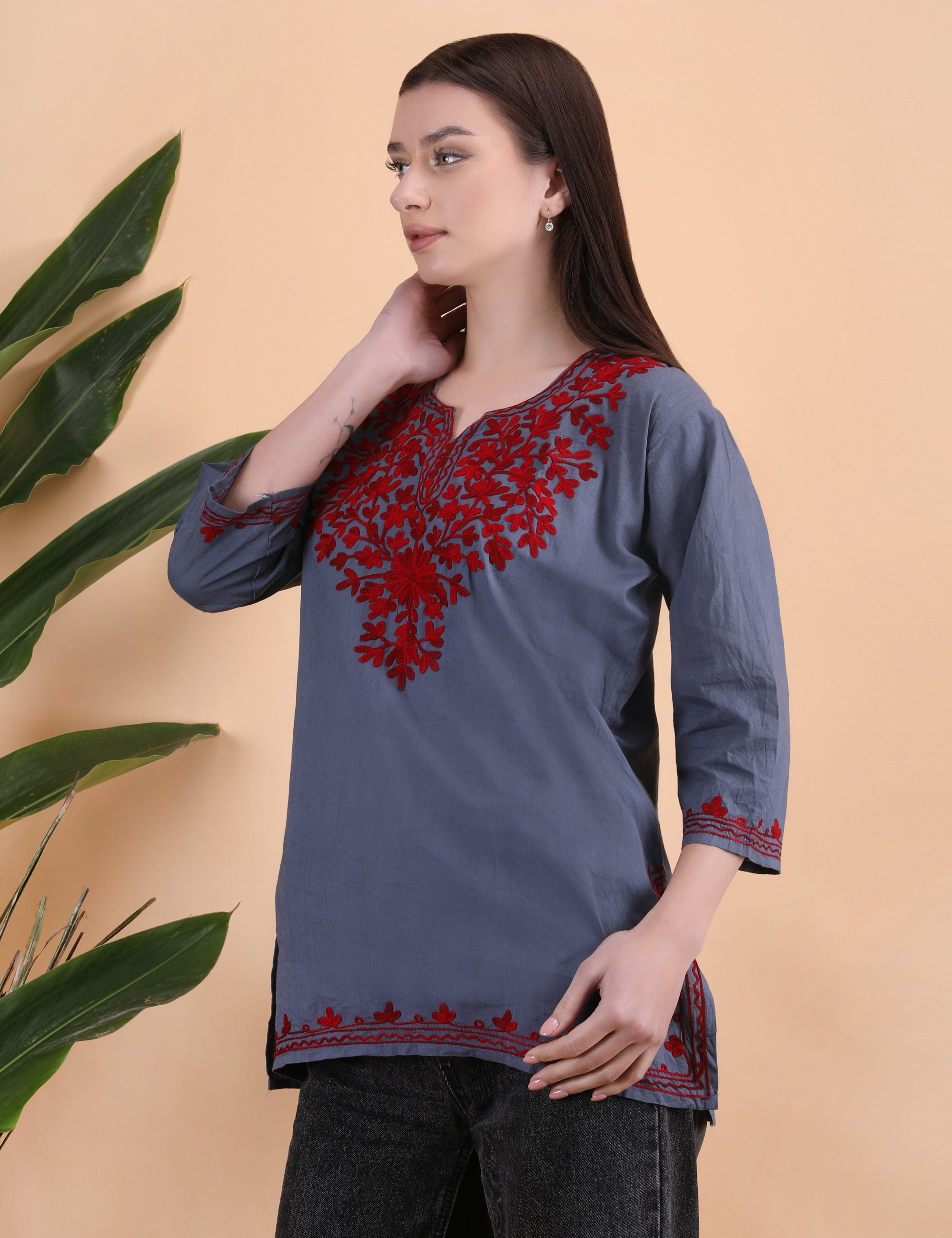 Women Cotton Kashmiri Embriodered Short Regular Fit Kurti