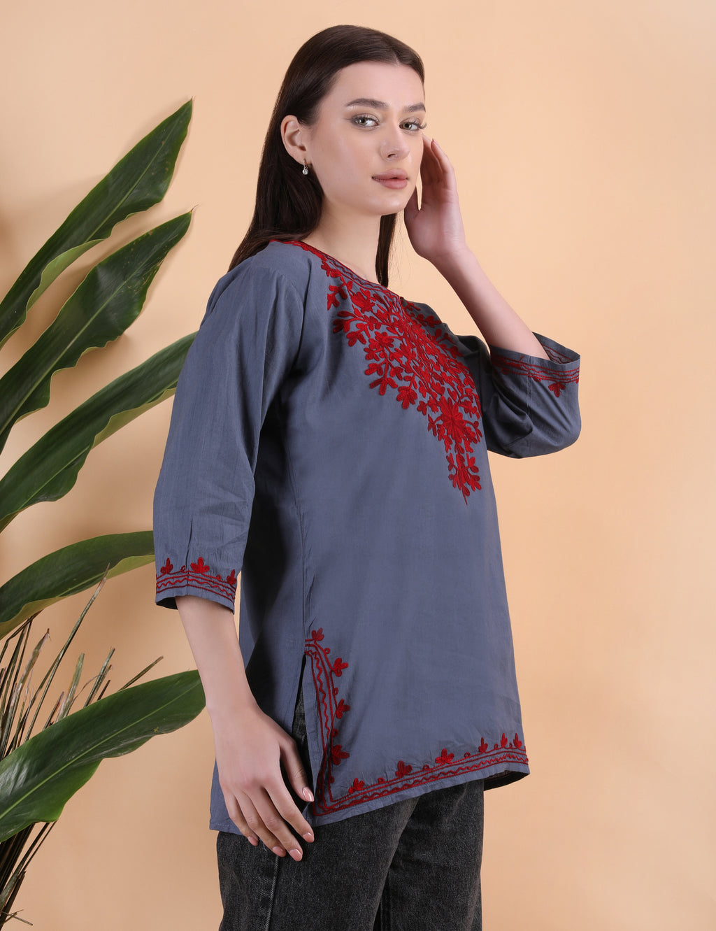 Women Cotton Kashmiri Embriodered Short Regular Fit Kurti