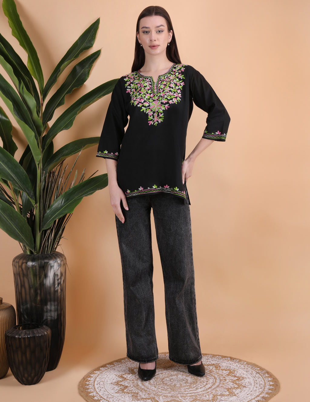 Women Cotton Kashmiri Embriodered Short Regular Fit Kurti