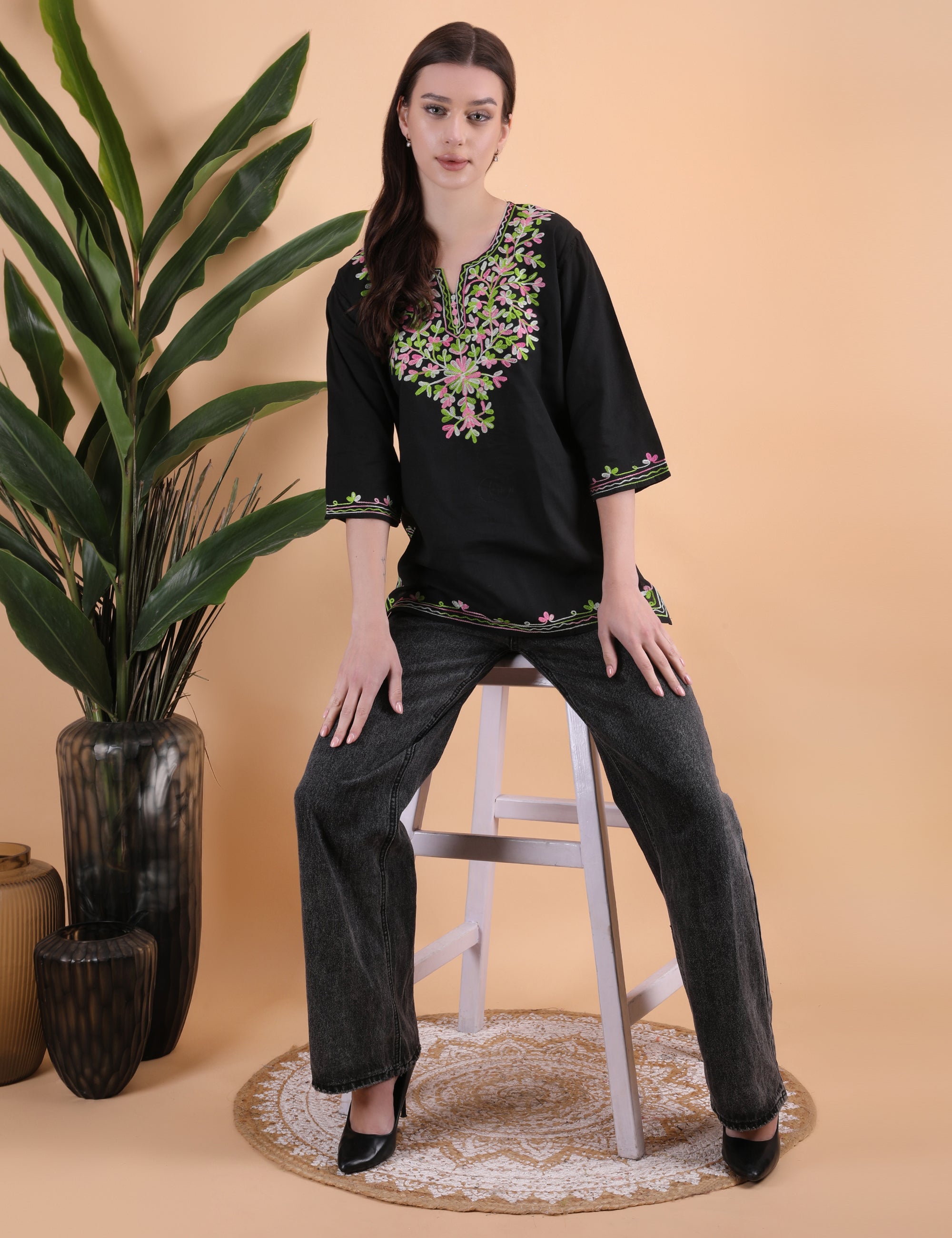 Women Cotton Kashmiri Embriodered Short Regular Fit Kurti