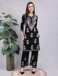 iKRABIB Women's Chikankari Kurti Palazzo Set, Black with White Floral Design, 3/4 Sleeves