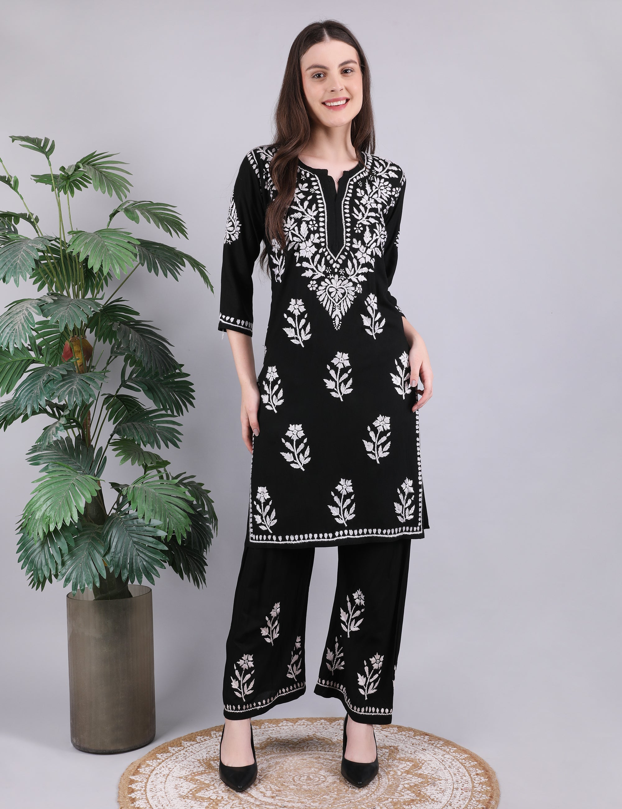iKRABIB Women's Chikankari Kurti Palazzo Set, Black with White Floral Design, 3/4 Sleeves