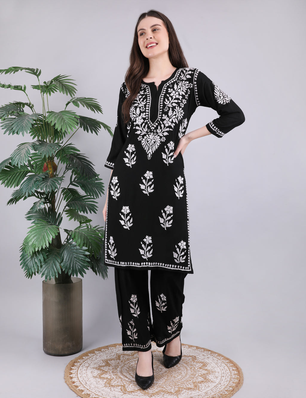 iKRABIB Women's Chikankari Kurti Palazzo Set, Black with White Floral Design, 3/4 Sleeves