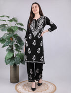 iKRABIB Women's Chikankari Kurti Palazzo Set, Black with White Floral Design, 3/4 Sleeves