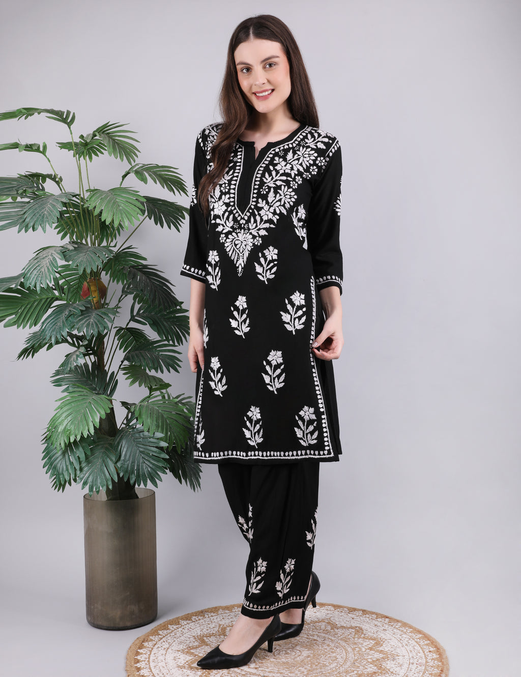 iKRABIB Women's Chikankari Kurti Palazzo Set, Black with White Floral Design, 3/4 Sleeves