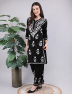 iKRABIB Women's Chikankari Kurti Palazzo Set, Black with White Floral Design, 3/4 Sleeves