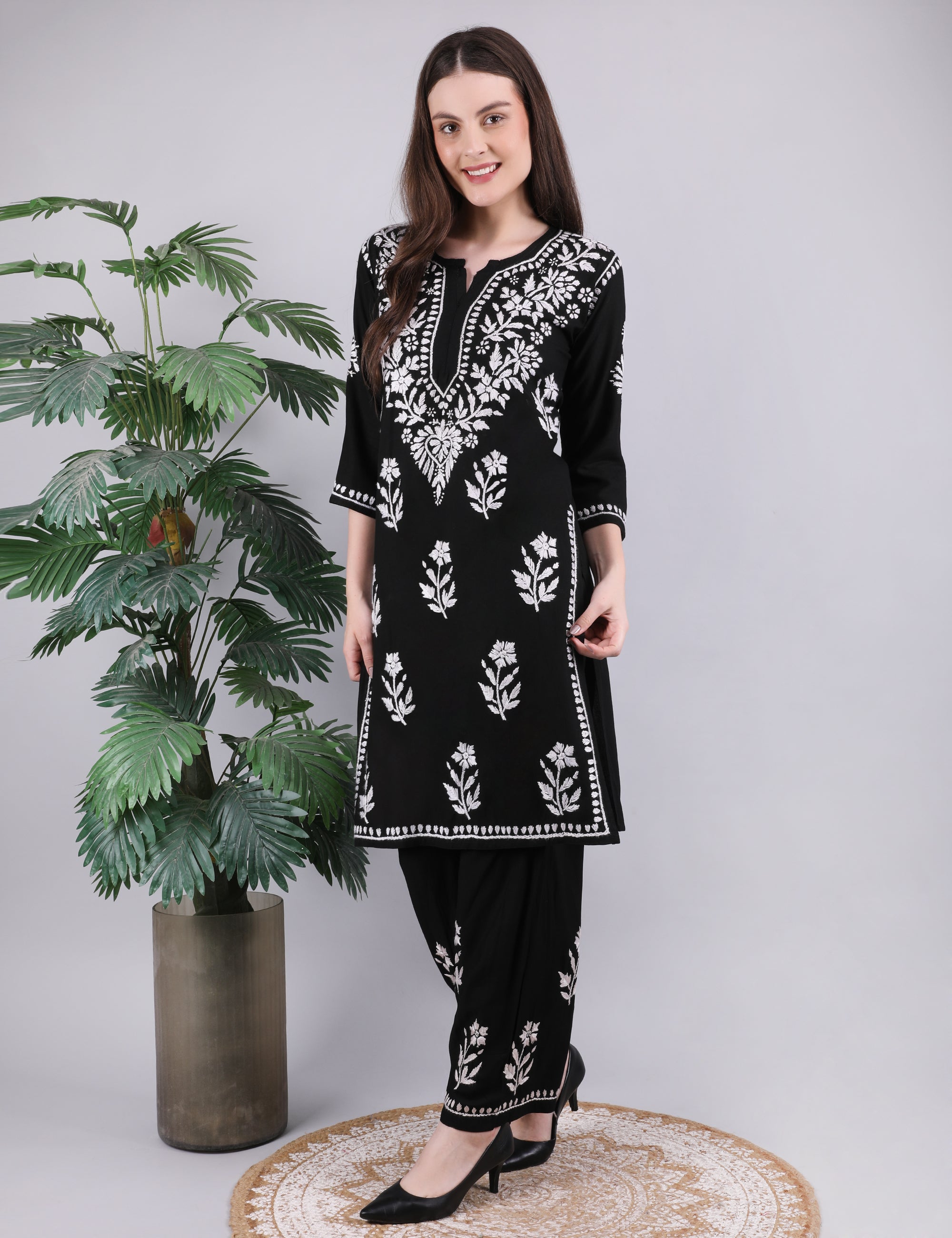 iKRABIB Women's Chikankari Kurti Palazzo Set, Black with White Floral Design, 3/4 Sleeves