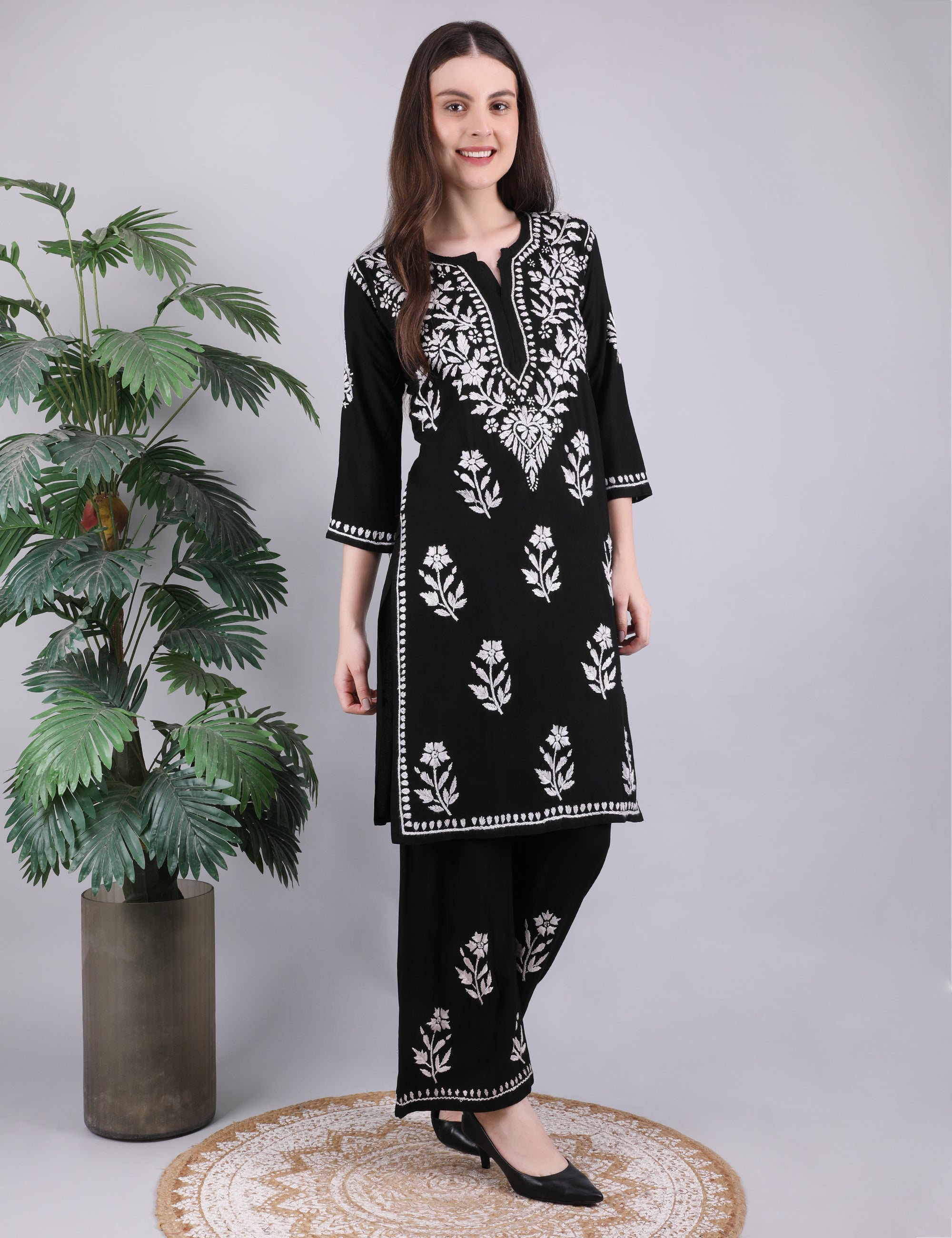 iKRABIB Women's Chikankari Kurti Palazzo Set, Black with White Floral Design, 3/4 Sleeves