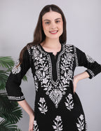 iKRABIB Women's Chikankari Kurti Palazzo Set, Black with White Floral Design, 3/4 Sleeves