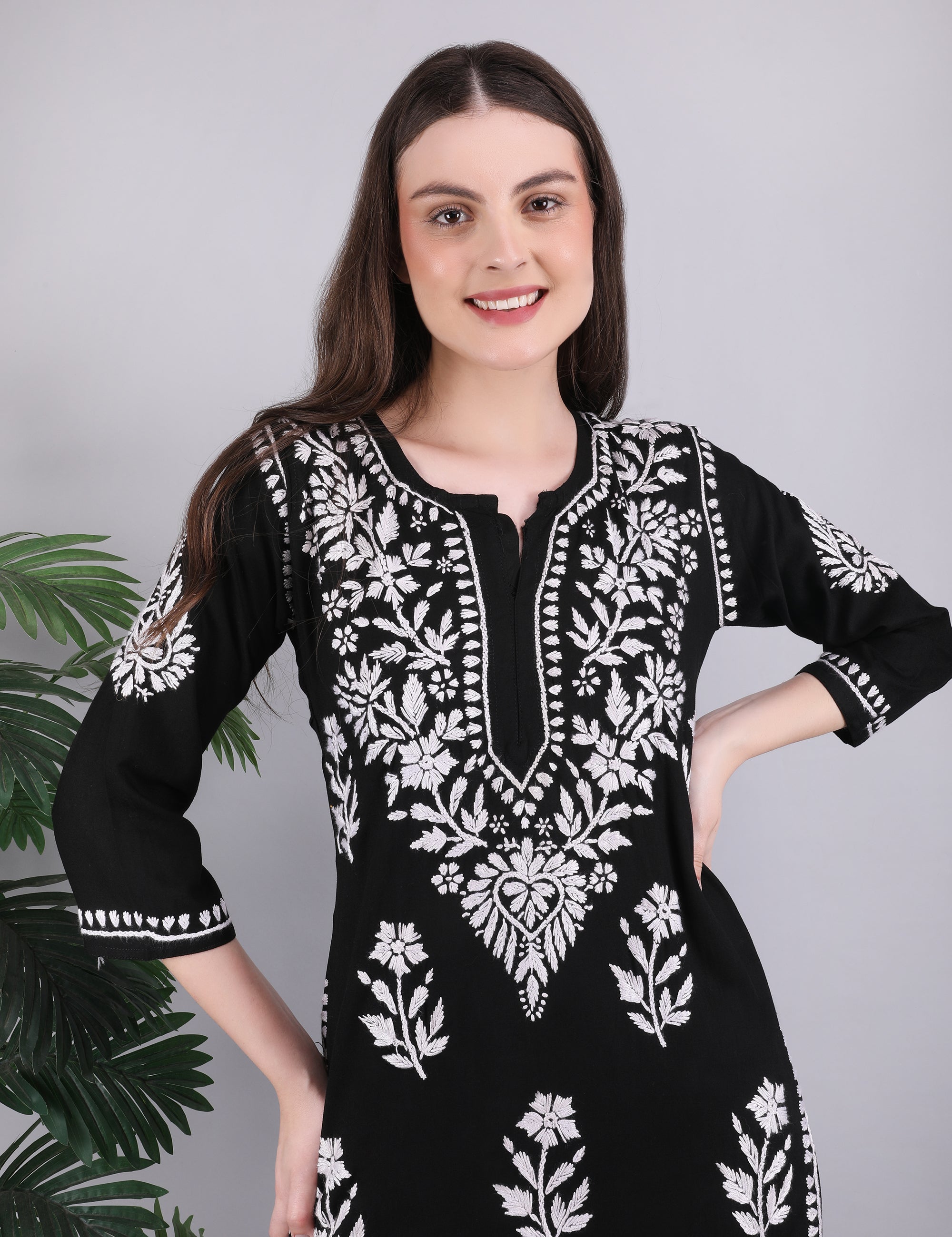 iKRABIB Women's Chikankari Kurti Palazzo Set, Black with White Floral Design, 3/4 Sleeves